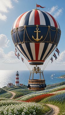 a hot air balloon drifting over rolling flower fields on a sunny day, cheerful, no text