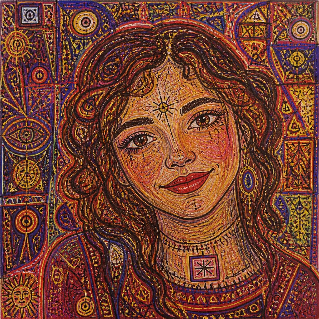 head-and-shoulders portrait of an original character: a young woman with wavy chestnut hair and a warm smile, plain soft backdrop