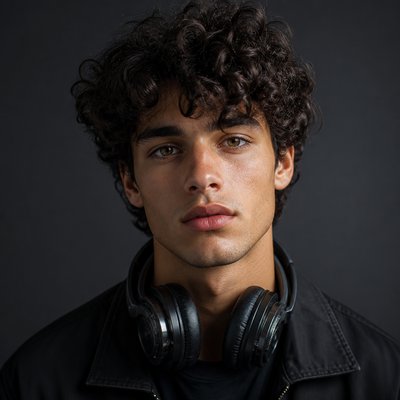 head-and-shoulders portrait of an original character: a young man with curly dark hair and headphones around his neck, plain backdrop, no text