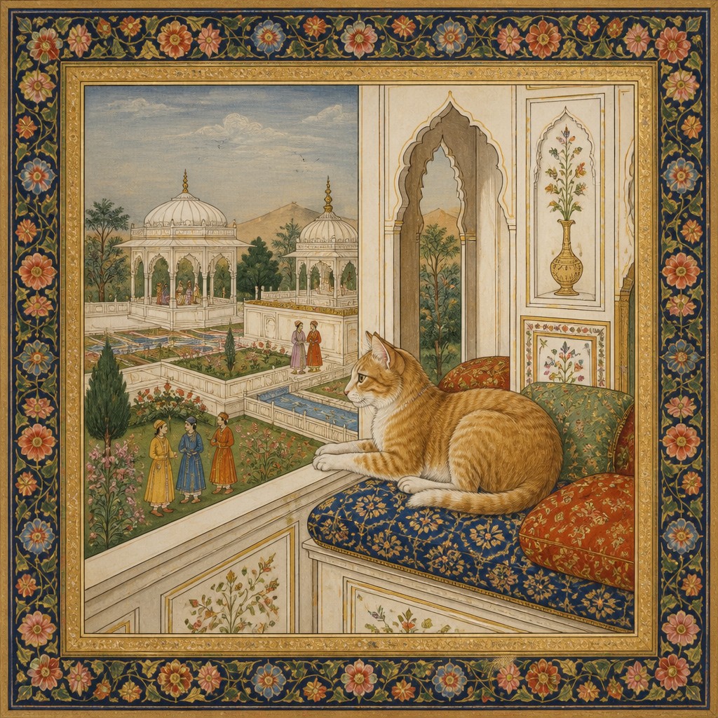 a cat lounging in a sunlit window — Mughal Miniature Art Style