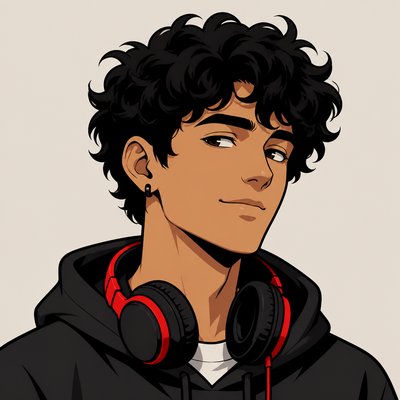 head-and-shoulders portrait of an original character: a young man with curly dark hair and headphones around his neck, plain backdrop, no text
