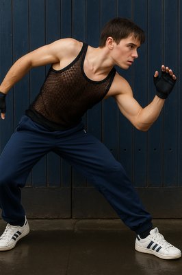 a man in a black tank top and blue pants