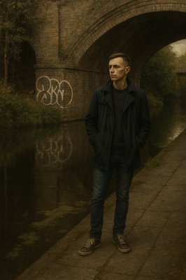 a man standing in front of a river under a bridge
