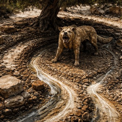 A dog is standing angrily under a tree, baring its teeth. We see the dog in its entirety.