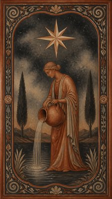 a robed figure pouring water beneath a large eight-pointed star in a night sky, symmetrical composition with an ornate decorative border, no text