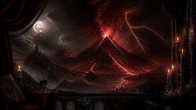 an erupting volcano with lightning strikes, dramatic wide composition, no text