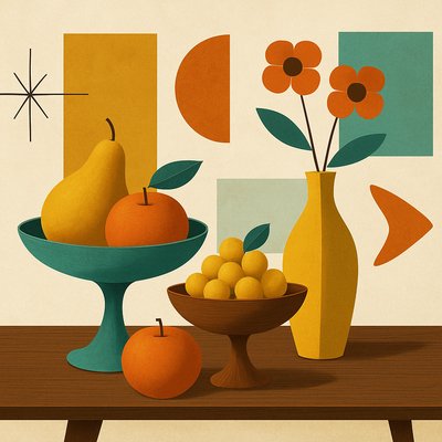 still life arrangement of fruits and flowers