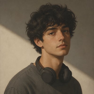 head-and-shoulders portrait of an original character: a young man with curly dark hair and headphones around his neck, plain backdrop, no text