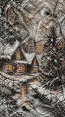 a snow-covered cottage with warm glowing windows beside a decorated pine tree, gentle snowfall, no text