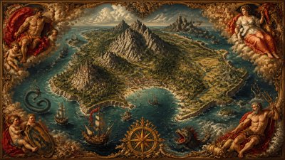 a map of an island realm with mountains, forests, a sheltered bay, sea monsters in the water and a compass rose, no text labels