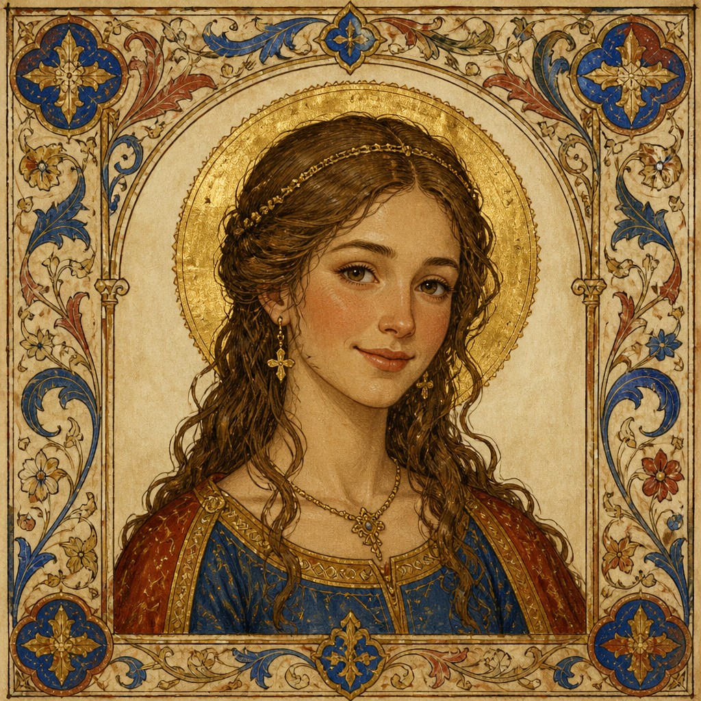 head-and-shoulders portrait of an original character: a young woman with wavy chestnut hair and a warm smile, plain soft backdrop