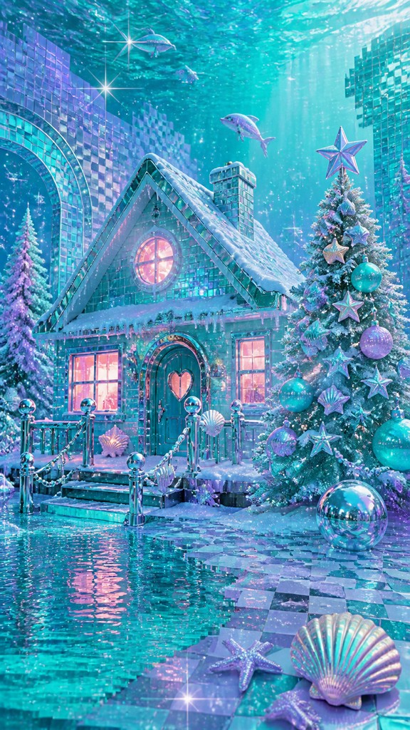a snow-covered cottage with warm glowing windows beside a decorated pine tree, gentle snowfall, no text