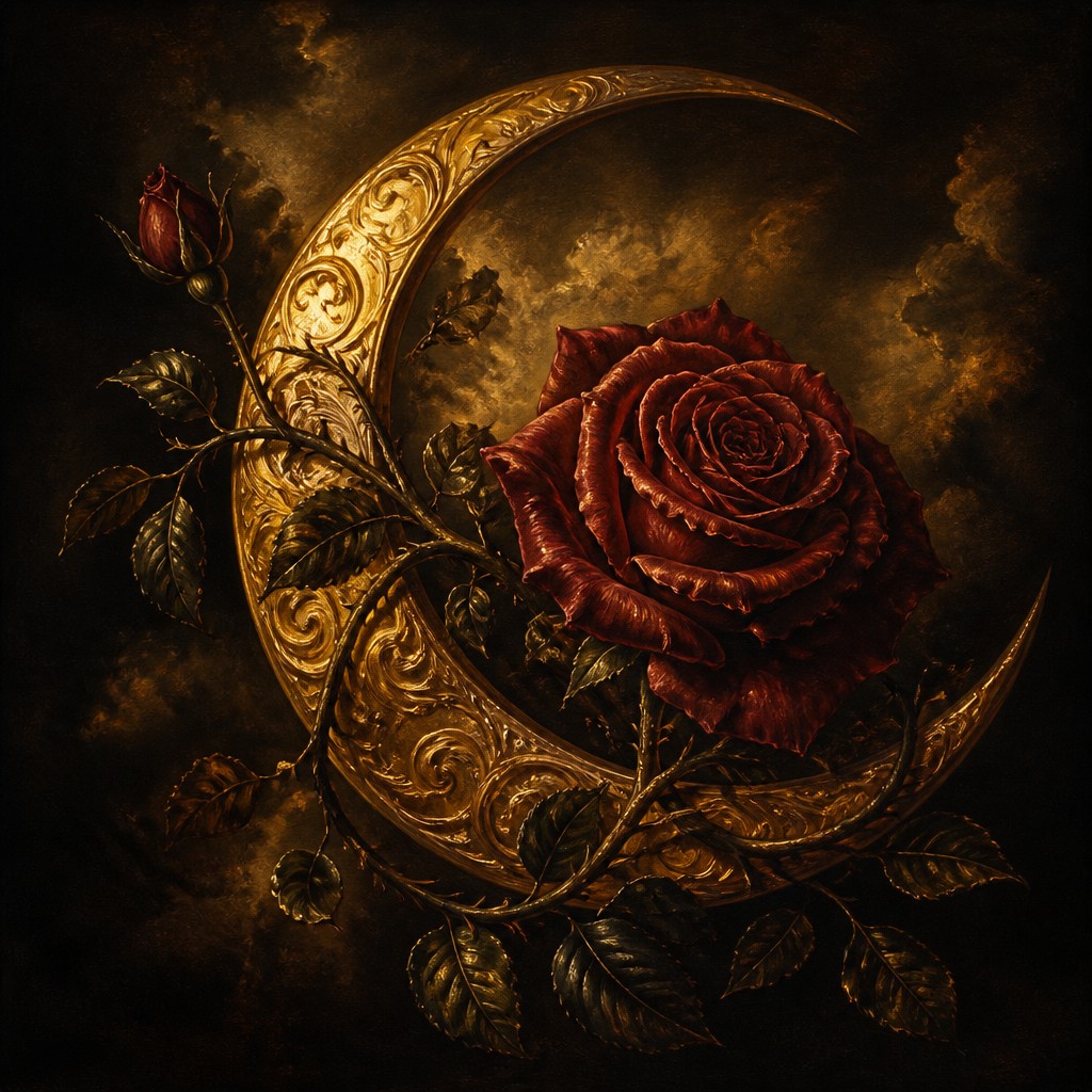 a rose entwined with a crescent moon, clean balanced composition on a plain background, no text