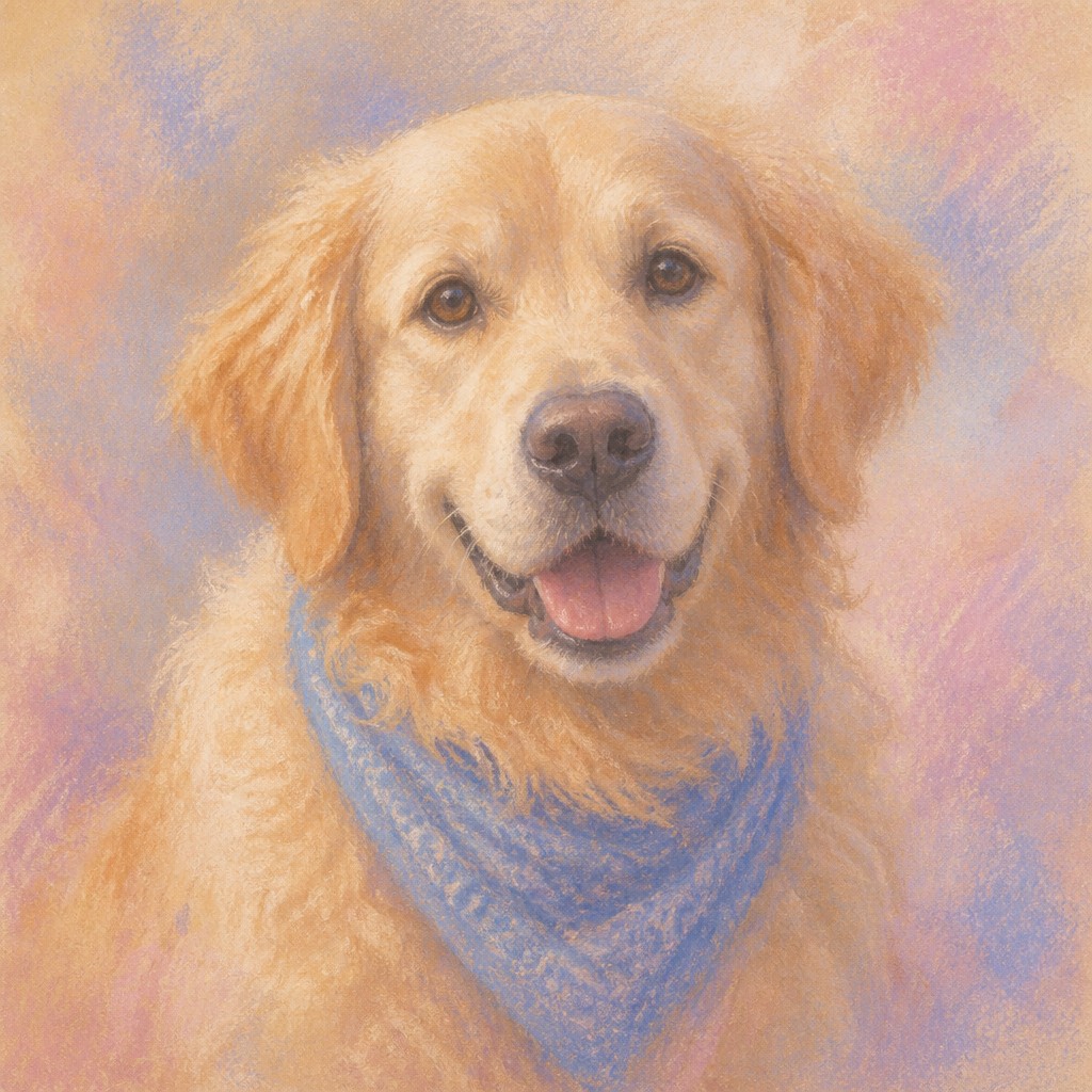 portrait of a golden retriever wearing a blue bandana, warm plain backdrop, no text