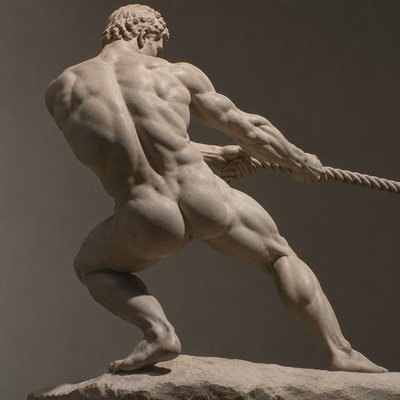 back view of ignudi athlete with bended knee pulling a rope