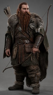 full-body original character: a dwarven ranger with a braided auburn beard, worn leather armor, a longbow and a wolf-pelt cloak, neutral background, no text