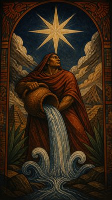 a robed figure pouring water beneath a large eight-pointed star in a night sky, symmetrical composition with an ornate decorative border, no text