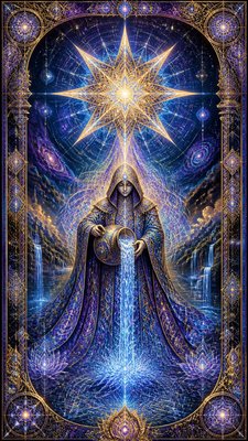 a robed figure pouring water beneath a large eight-pointed star in a night sky, symmetrical composition with an ornate decorative border, no text