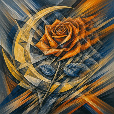 a rose entwined with a crescent moon, clean balanced composition on a plain background, no text