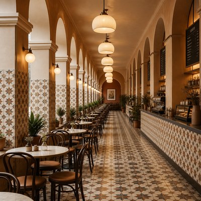 cozy cafe interior with warm lighting