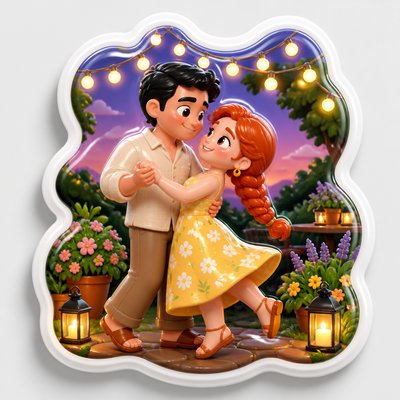 an original couple dancing under string lights in a garden at dusk: a man with short black hair in a linen shirt and a woman with braided red hair in a summer dress