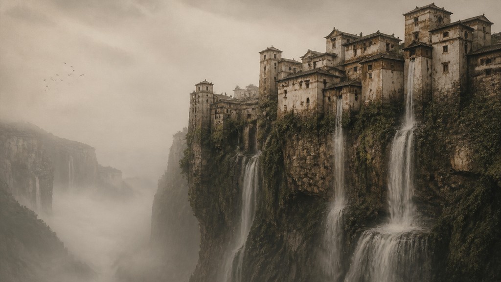 a cliffside city with waterfalls cascading into a misty canyon, wide establishing shot, no people, no text