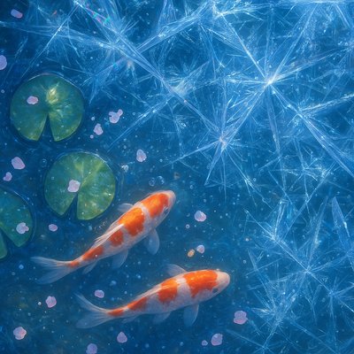 A koi pond seen from above, orange and white koi fish swimming among lily pads, clear water with subtle ripples, fallen cherry blossom petals floating on the surface, dappled sunlight