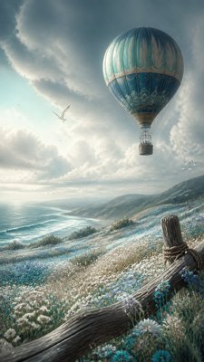 a hot air balloon drifting over rolling flower fields on a sunny day, cheerful, no text