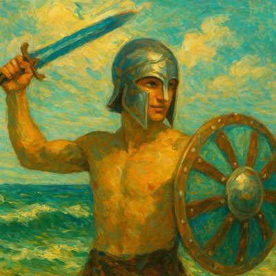 a painting of a man holding a sword and shield