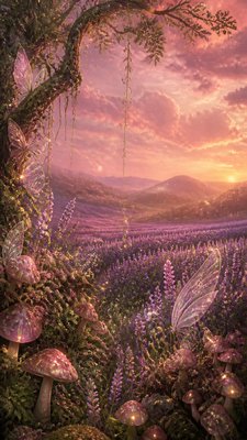 a field of lavender stretching to distant hills at dusk, no people