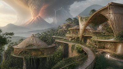 an erupting volcano with lightning strikes, dramatic wide composition, no text
