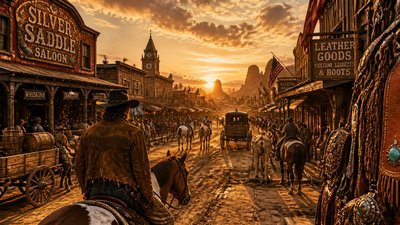 bustling city street panorama at dusk