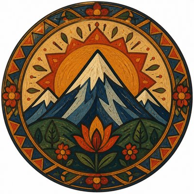 an emblem of a mountain peak inside a circle, simple bold shapes on a plain background, no text or lettering
