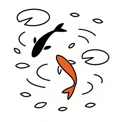 A koi pond seen from above, orange and white koi fish swimming among lily pads, clear water with subtle ripples, fallen cherry blossom petals floating on the surface, dappled sunlight