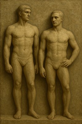 a couple of statues of two men standing next to each other
