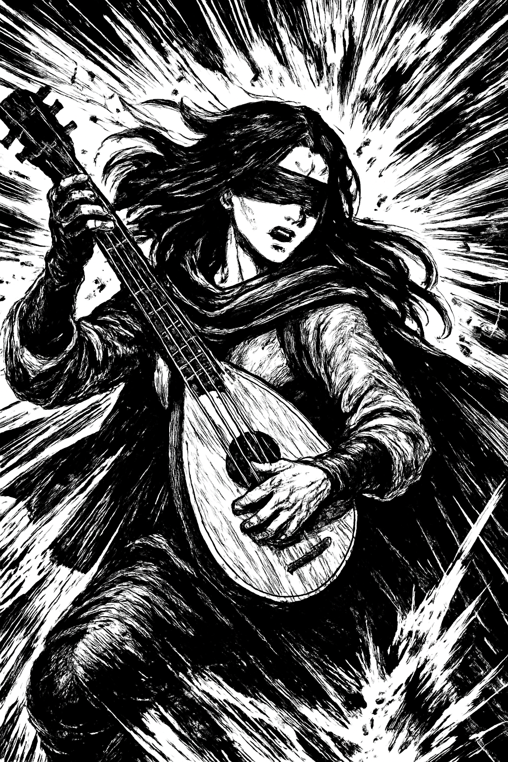 a black and white drawing of a woman holding a guitar