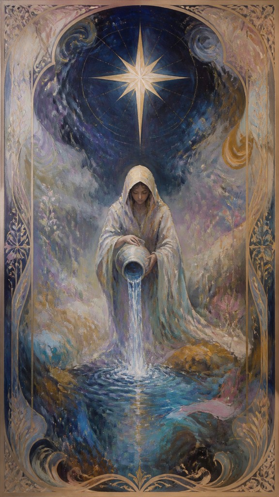 a robed figure pouring water beneath a large eight-pointed star in a night sky, symmetrical composition with an ornate decorative border, no text