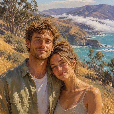 portrait of two people together — California Plein Air Art Style