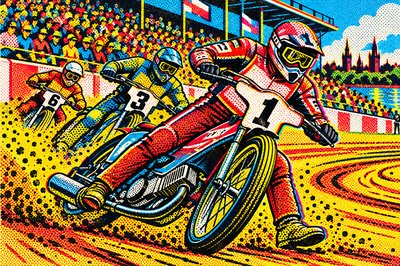 a painting of a person riding a motorcycle on a track