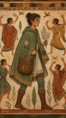 full-body original character: a wandering botanist with a satchel of plants, a patched green cloak, tall boots and round glasses, neutral background