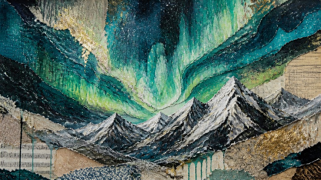 a flowing aurora over snowy peaks, wide sweeping composition, no people, no text