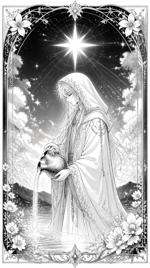 a robed figure pouring water beneath a large eight-pointed star in a night sky, symmetrical composition with an ornate decorative border, no text