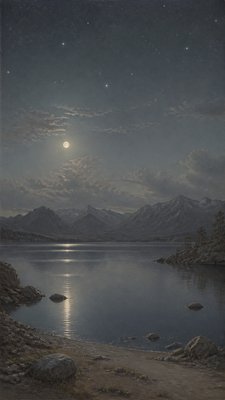a tranquil mountain lake beneath a starry night sky, no people, no text
