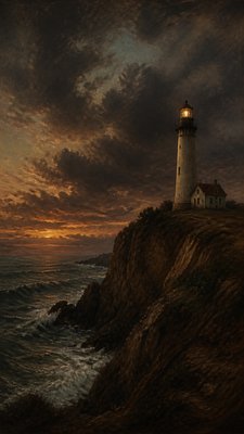 a lone lighthouse on a cliff at dusk under a dramatic sky, no text or lettering