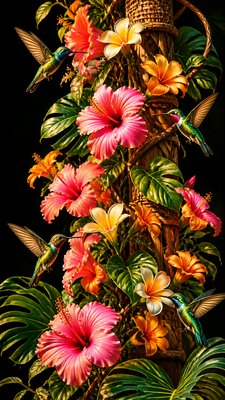 a climbing vine of flowers and hummingbirds on a dark background, tall wrapping composition, no text