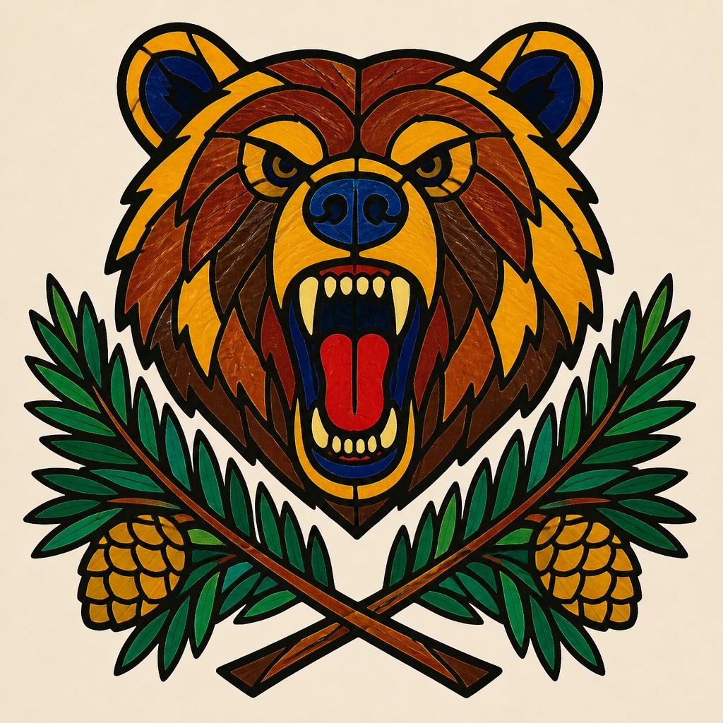 a roaring bear head above crossed pine branches, bold graphic composition on a plain background, no text