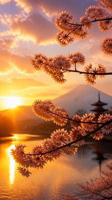 cherry blossom branches against a soft dawn sky, no people