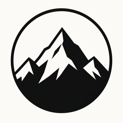 an emblem of a mountain peak inside a circle, simple bold shapes on a plain background, no text or lettering