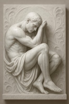 a statue of a man with his hands on his face