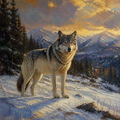 a lone wolf standing in a snowy clearing